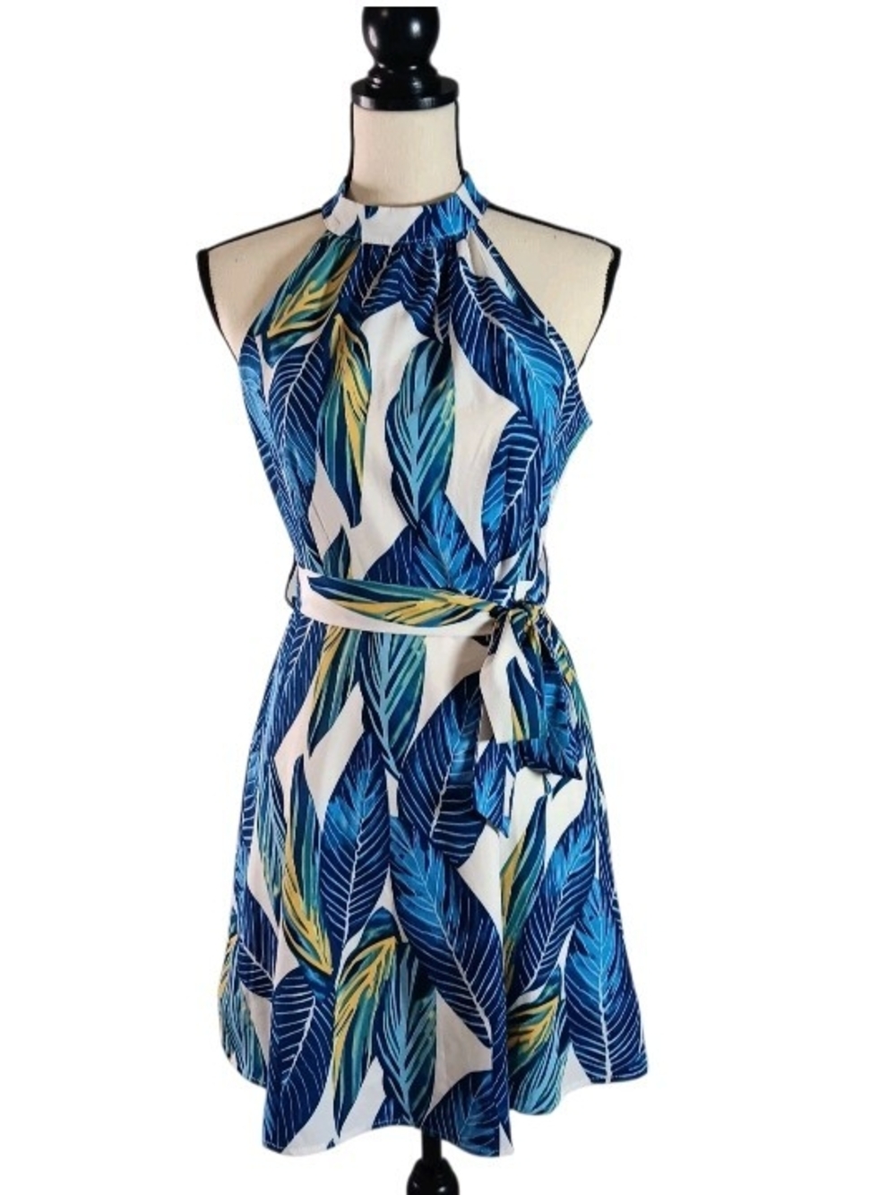 Women's Blue Green Tropical Leaf Print Halter Tie Waist Sundress - Picture 2 of 8